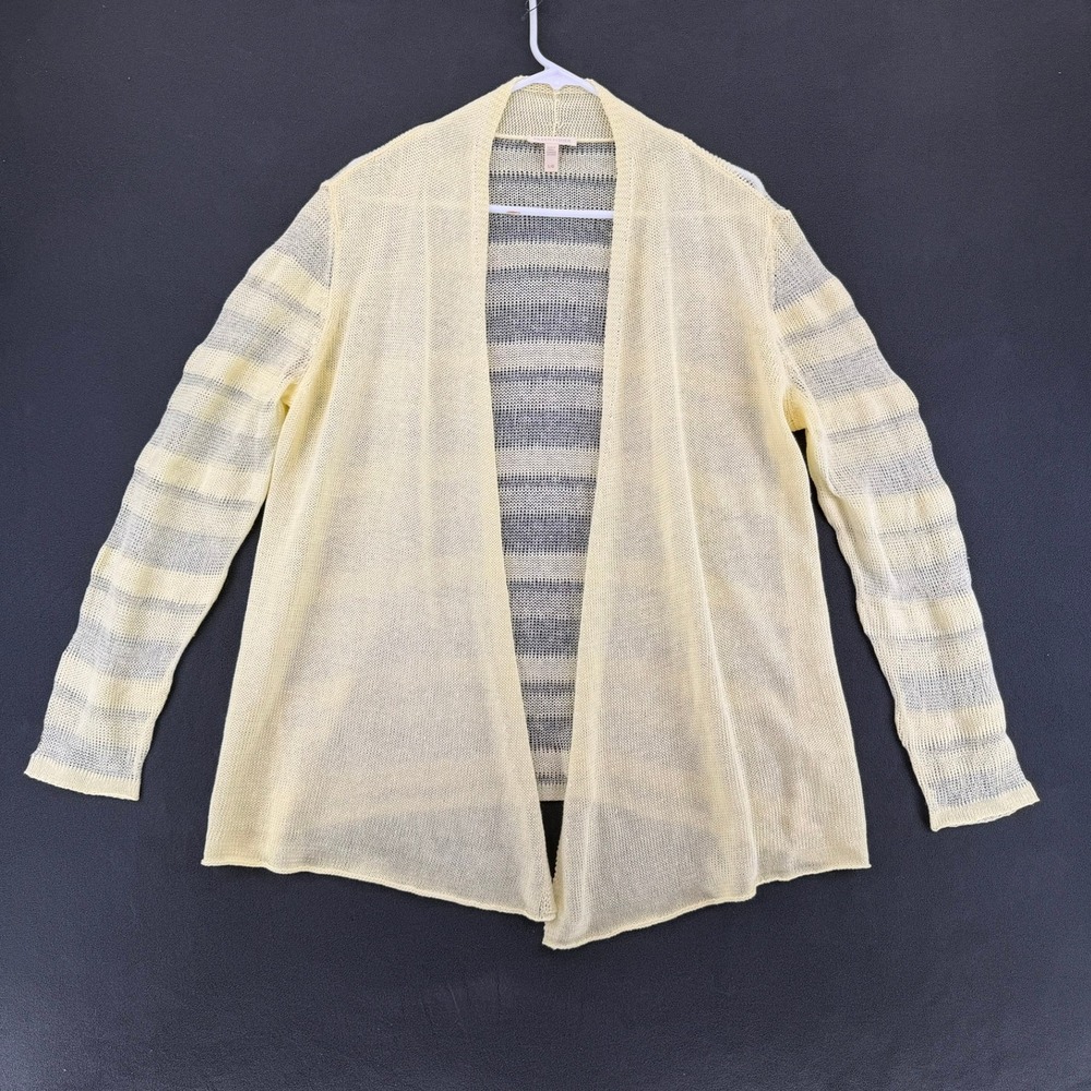 Eileen Fisher Pale Yellow Open Front Striped Sleeve Knit Cardigan Sweater Large